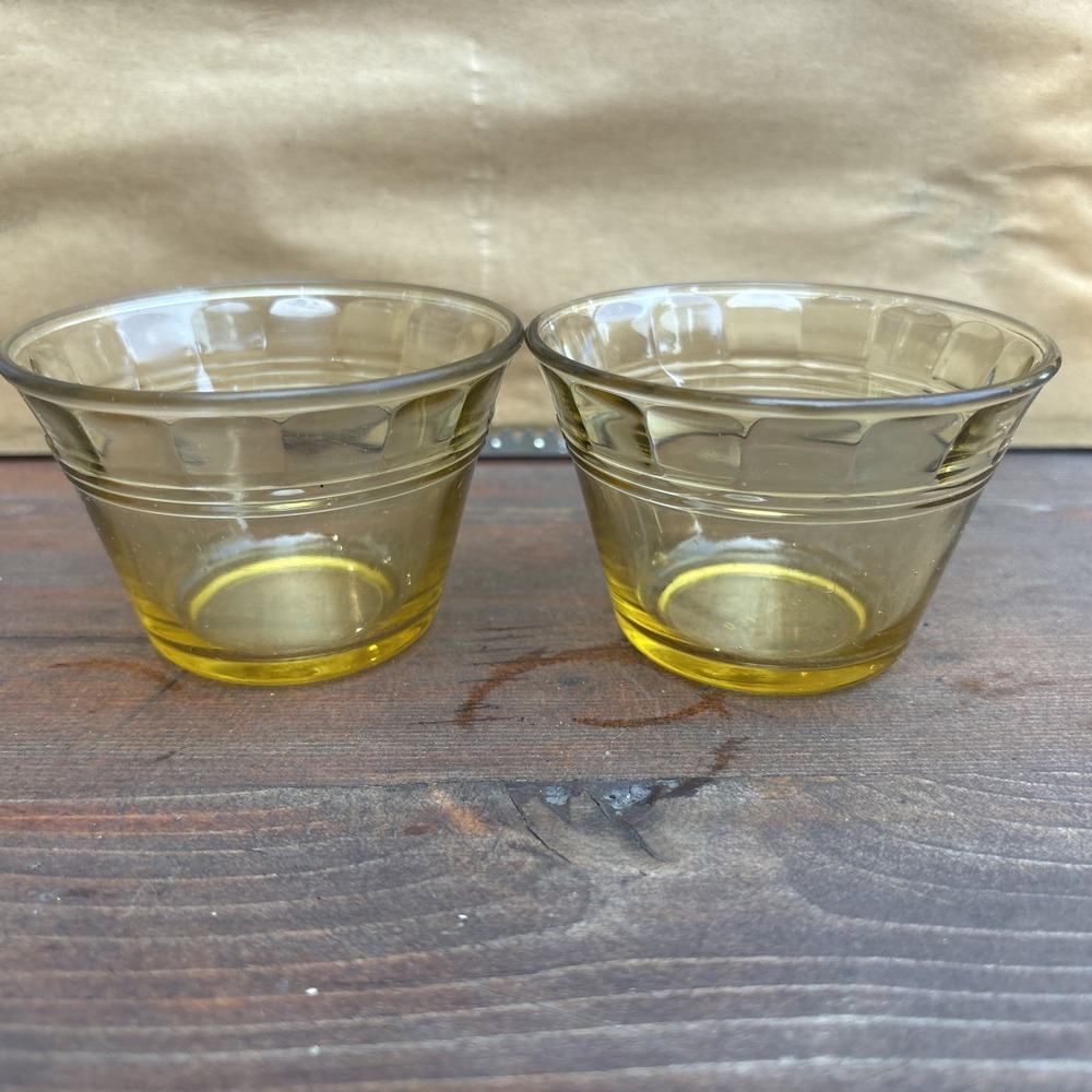 VINTAGE FORTECRISA MEXICO YELLOW AMBER GLASS CUSTARD CUPS SET OF 2